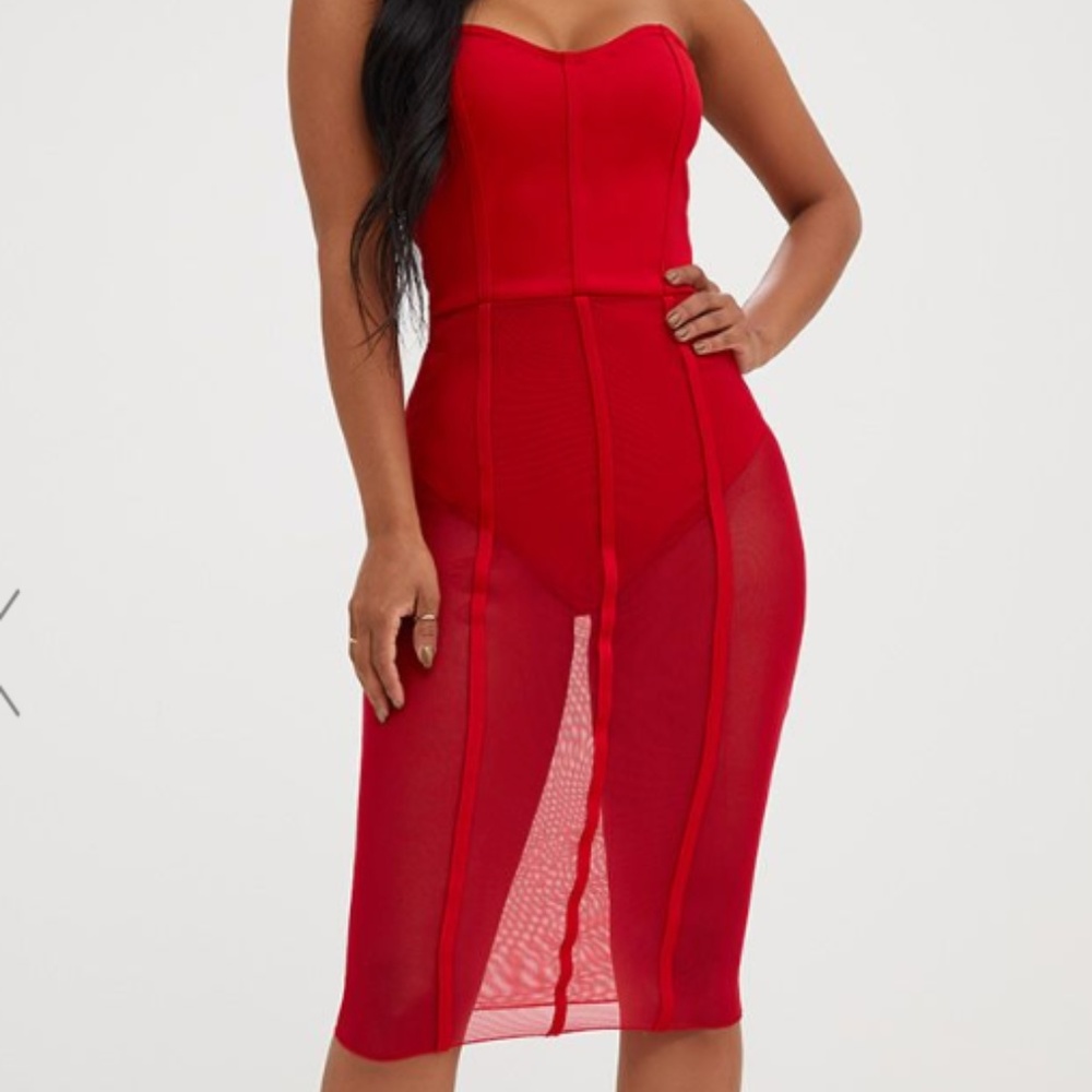Red Bandeau Mesh Insert Dress